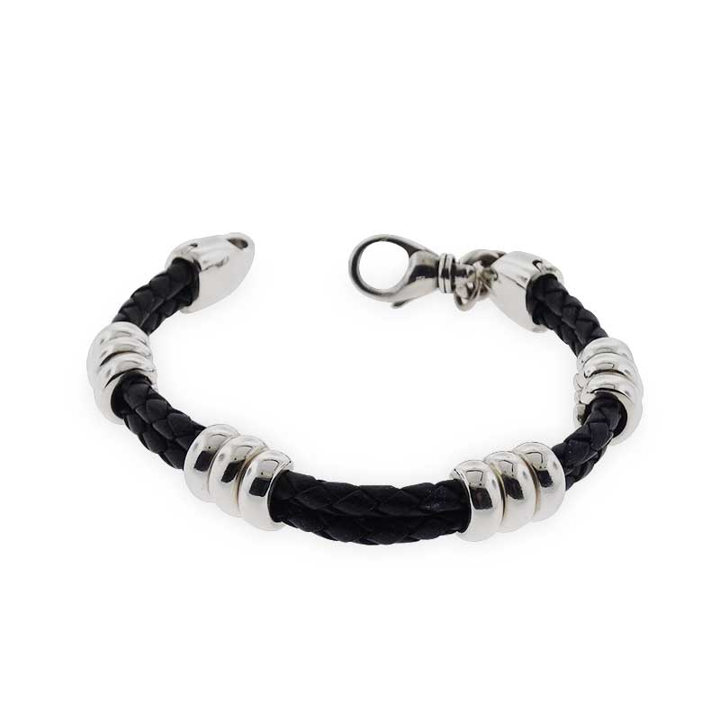 Silver and Black Leather Braided Bracelet