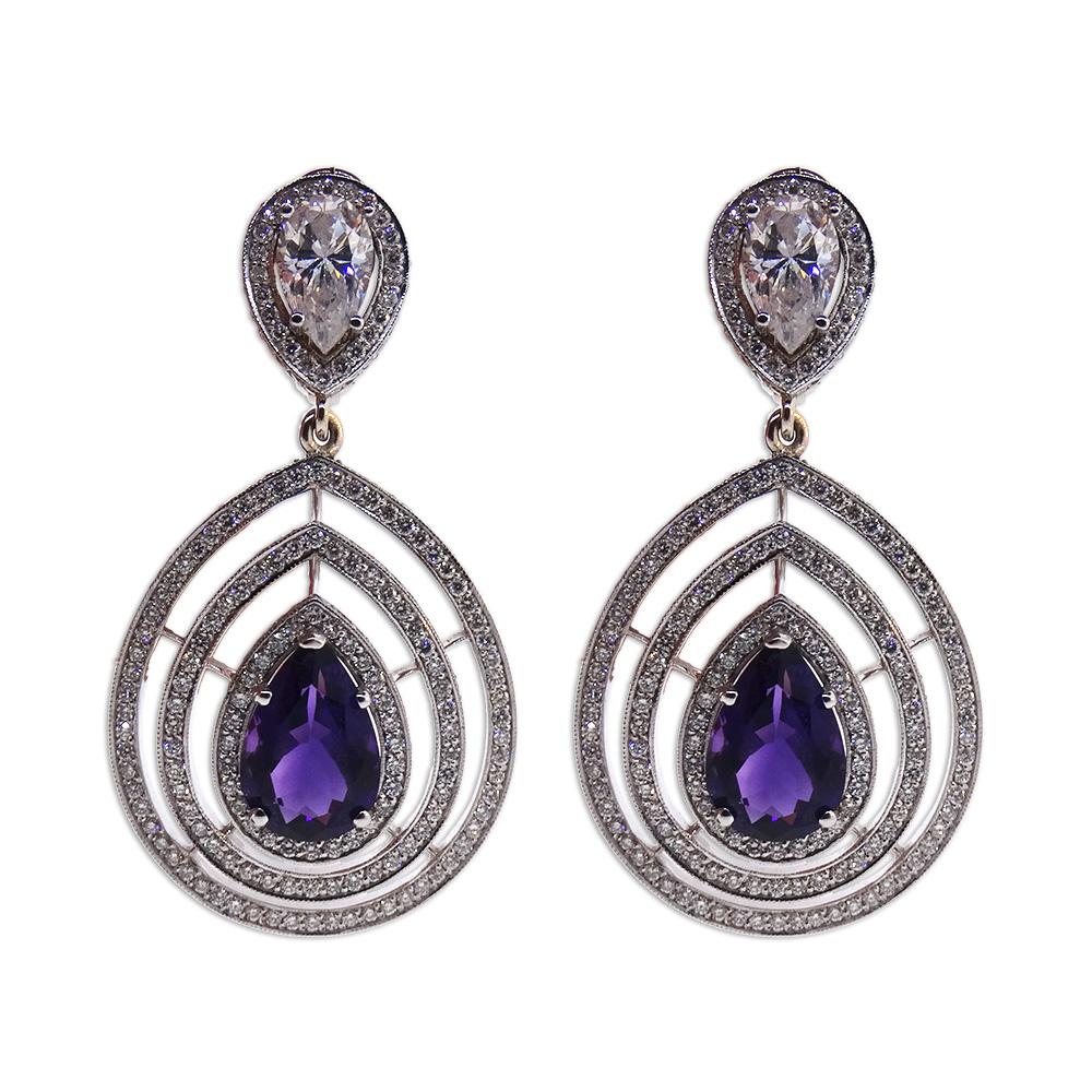 White Gold Natural Amethyst and Diamond Earrings